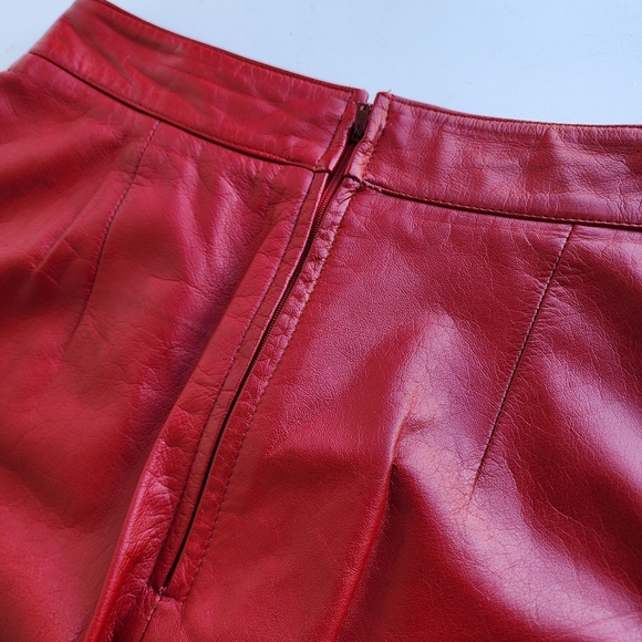 Red Genuine Leather Midi Skirt - Picture 9 of 11